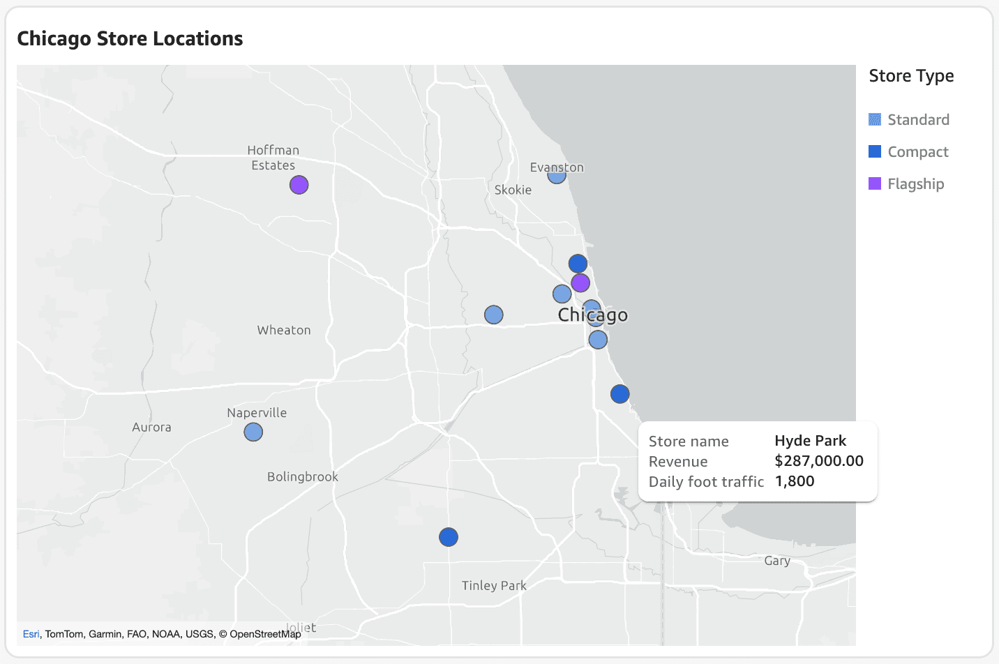 Layer map of retail store points across a metro area with a locked viewport