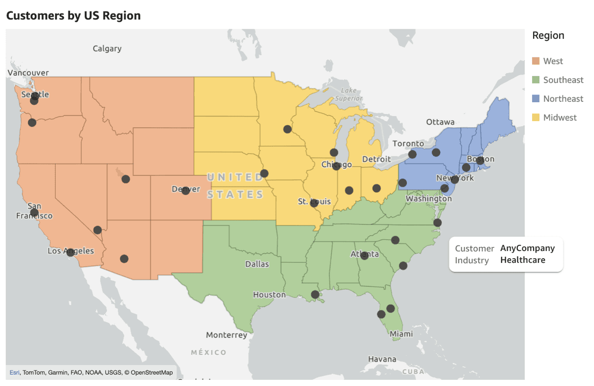 Layer map combining customer location points with US regional polygon boundaries
