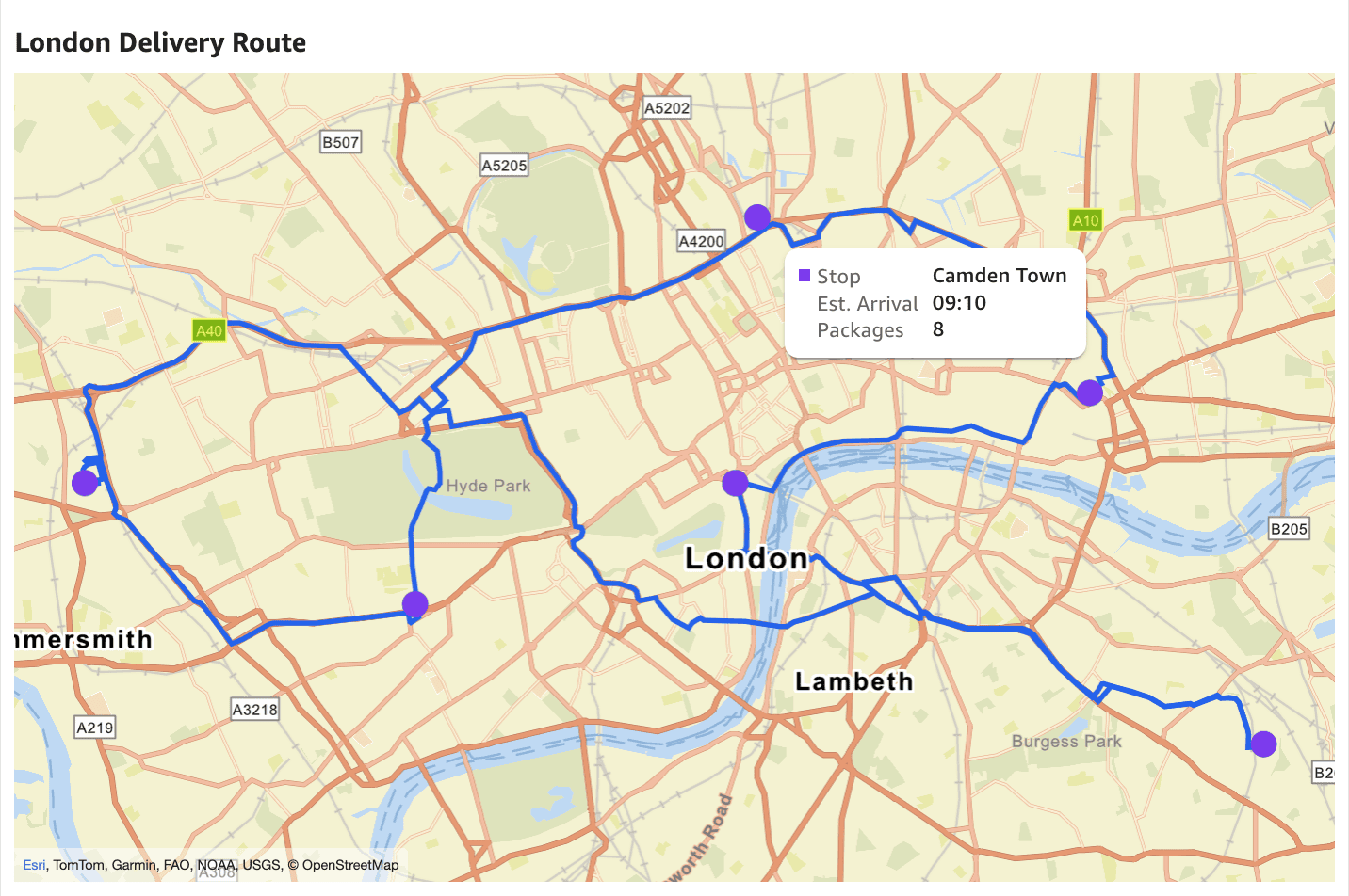 Layer map combining a delivery route line with point markers for each stop