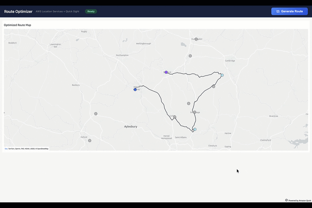 Animated demo of an embedded dashboard generating optimal routes between waypoints on demand