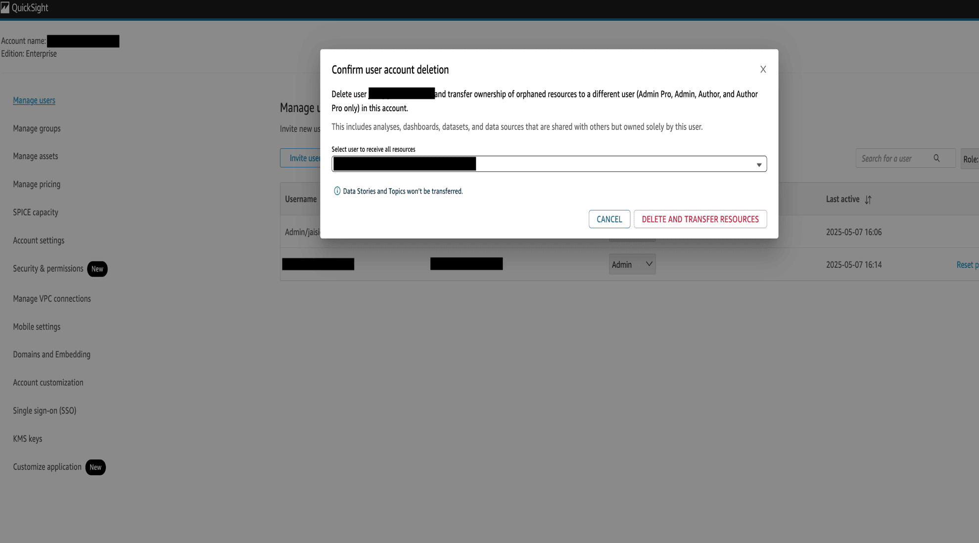 Ownership transfer dialog prompting selection of an admin to receive the deleted user’s resources