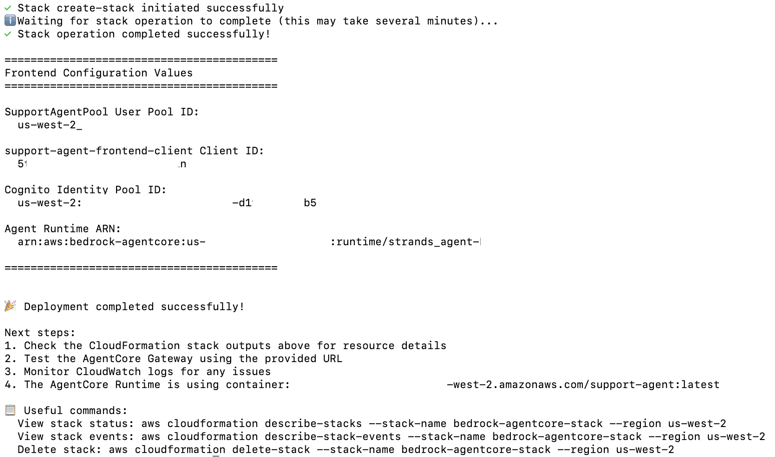Terminal output showing a successful CloudFormation deployment with configuration values