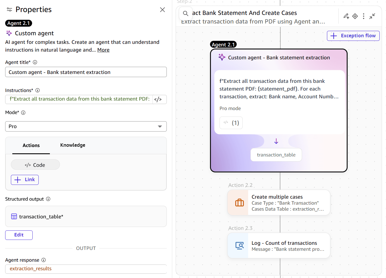 Custom AI agent configuration showing the instruction and output schema for transaction extraction