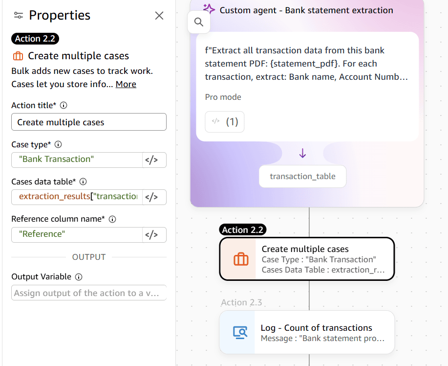 Create multiple cases configuration mapping the agent output table to case custom data fields
