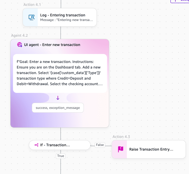 UI agent configuration with a natural language instruction for entering and validating transactions in the banking portal