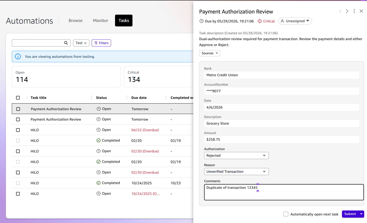 HITL task in the Task Center showing transaction context and authorization form fields for analyst review