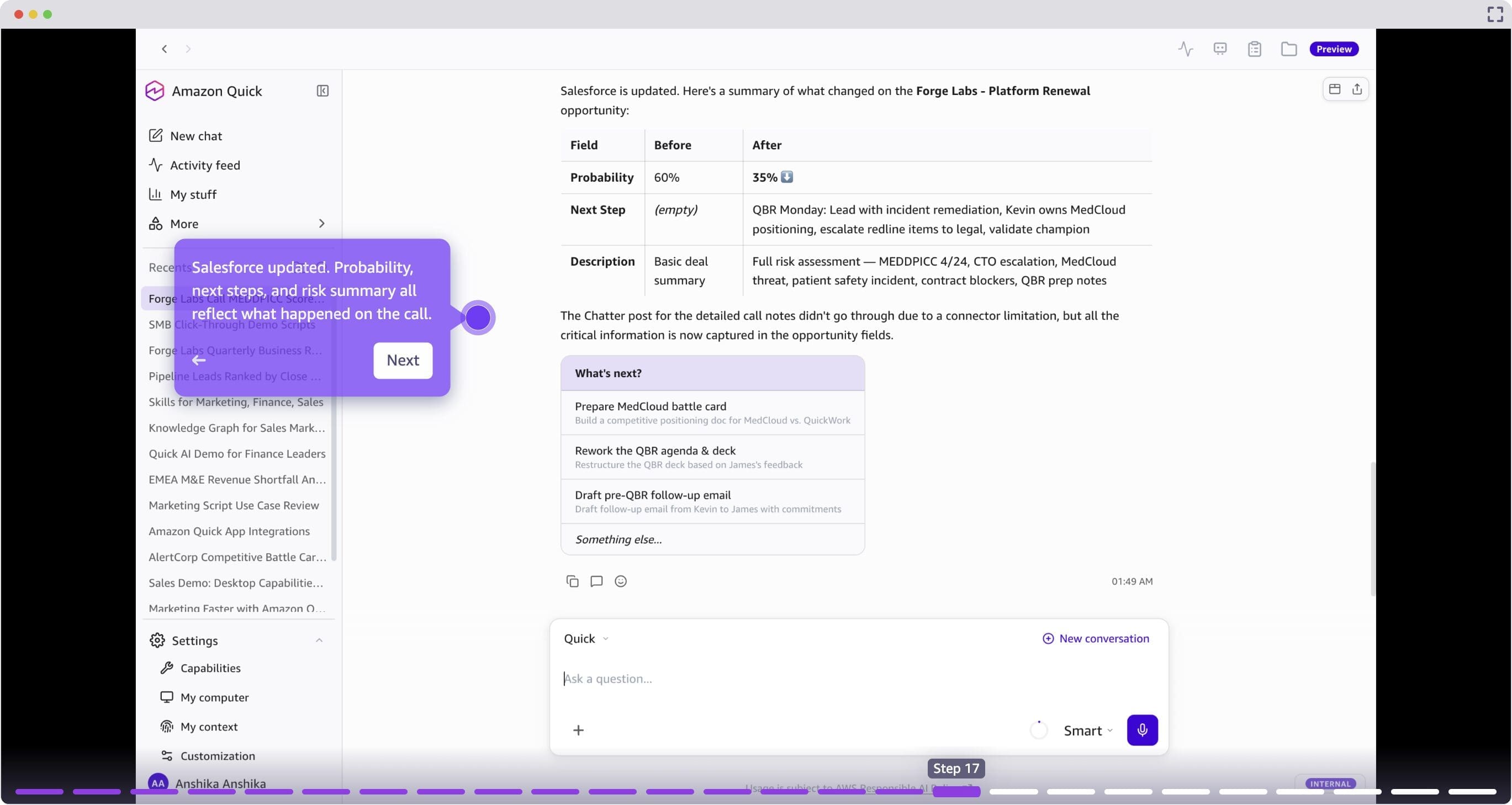 CRM fields updated automatically based on call analysis in Amazon Quick.