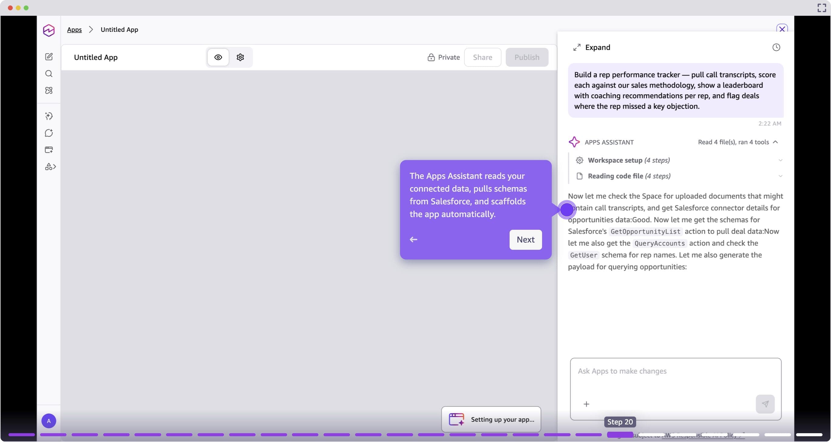 The Applications Assistant in Amazon Quick reads connected data schemas to scaffold the application.