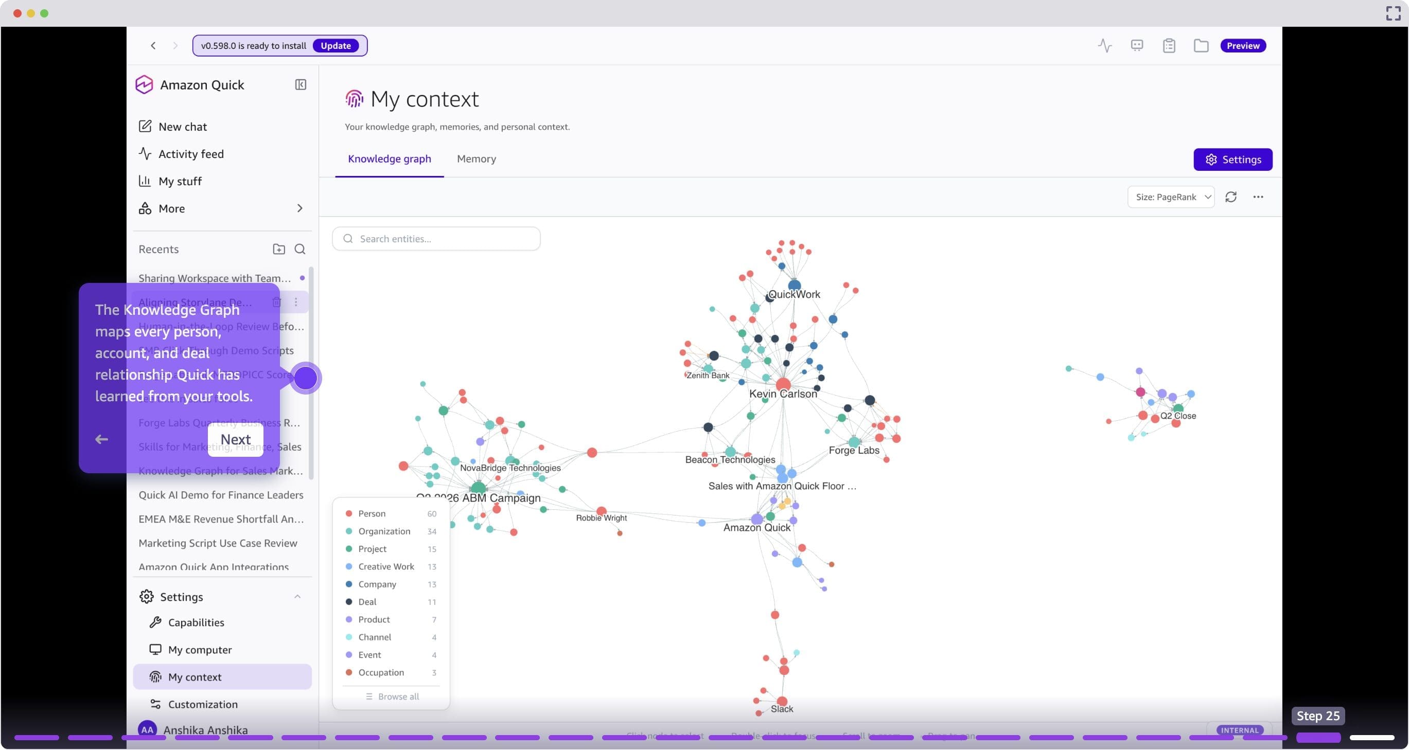 The Knowledge Graph in Amazon Quick visualizing account and relationship data.