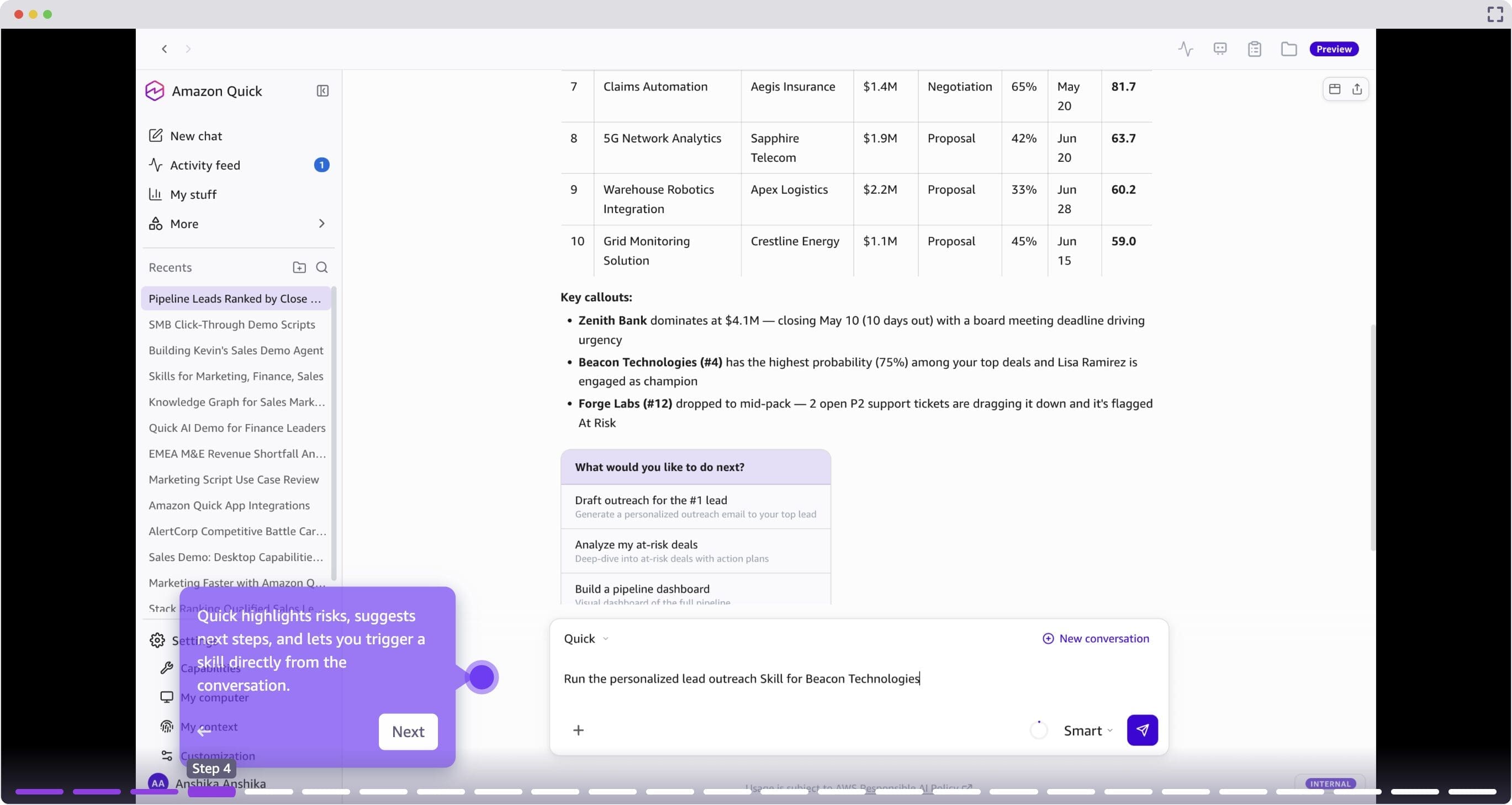 Risk signals and recommended next steps for a specific deal in Amazon Quick.