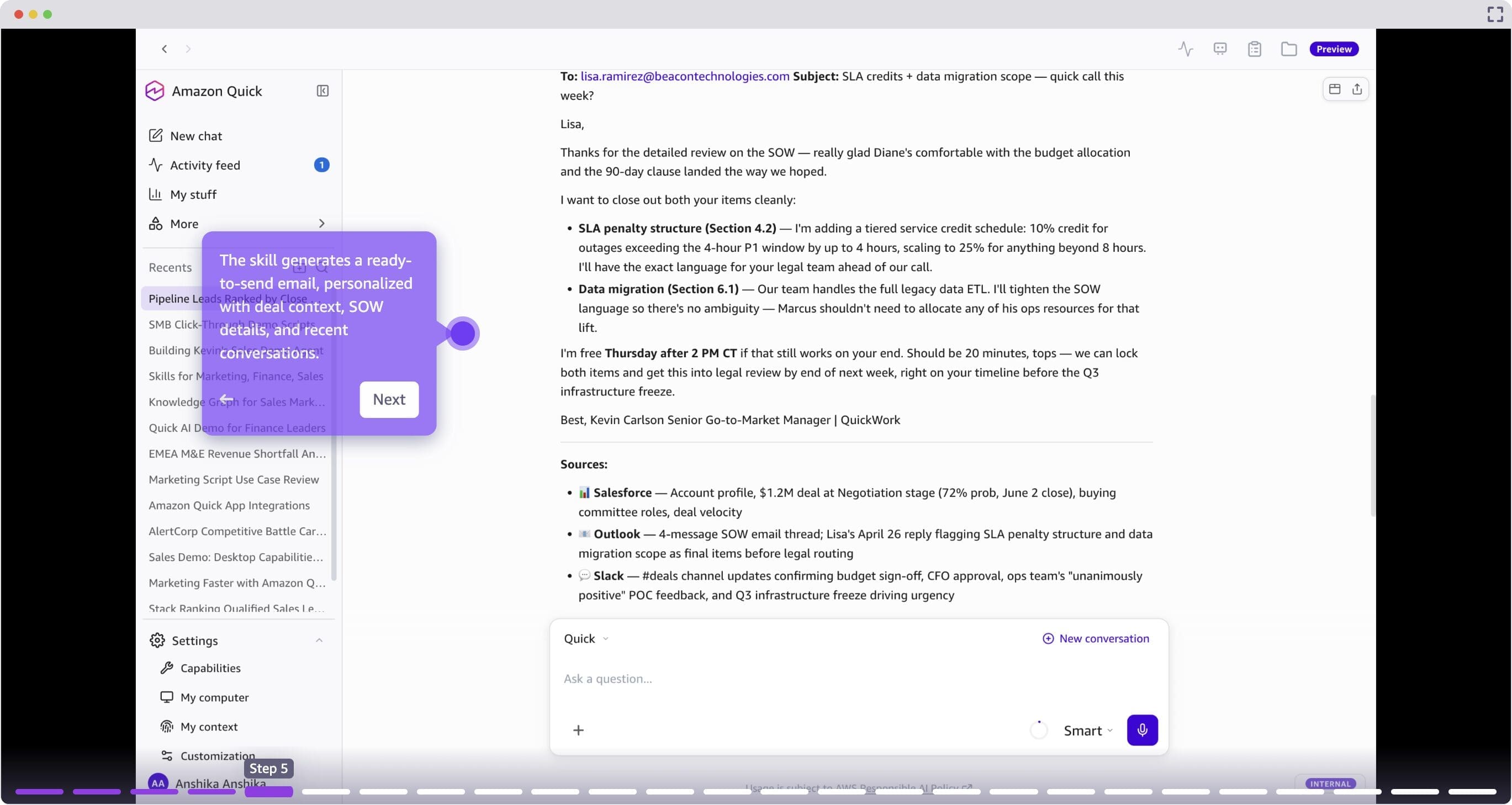 A personalized outreach email generated from deal context and conversation history.