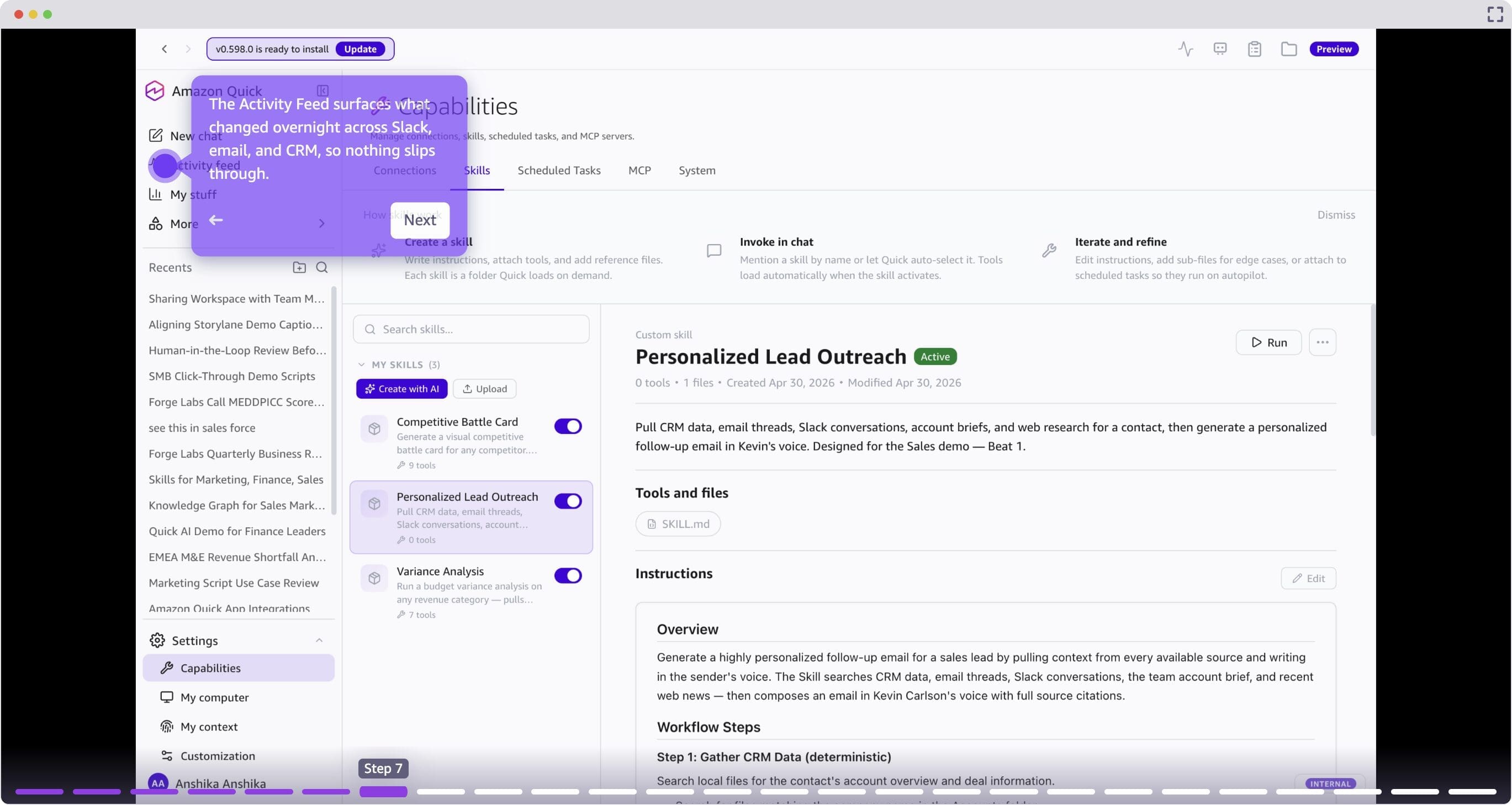 The Activity Feed in Amazon Quick consolidates overnight changes across connected systems.