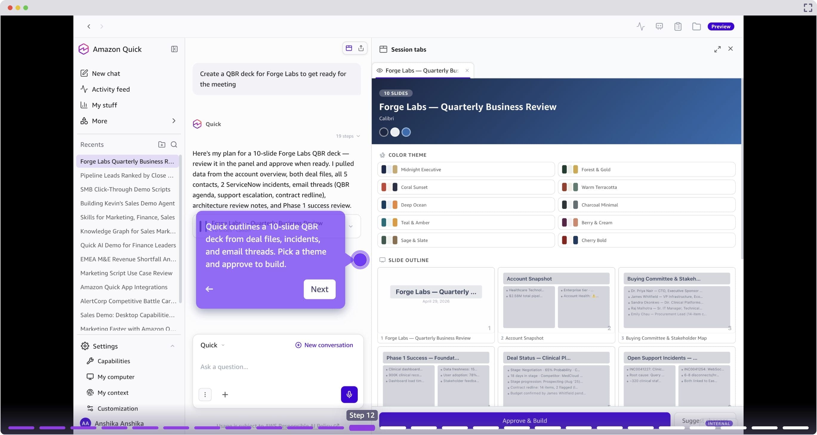 Quick proposes a deck outline based on live account data.
