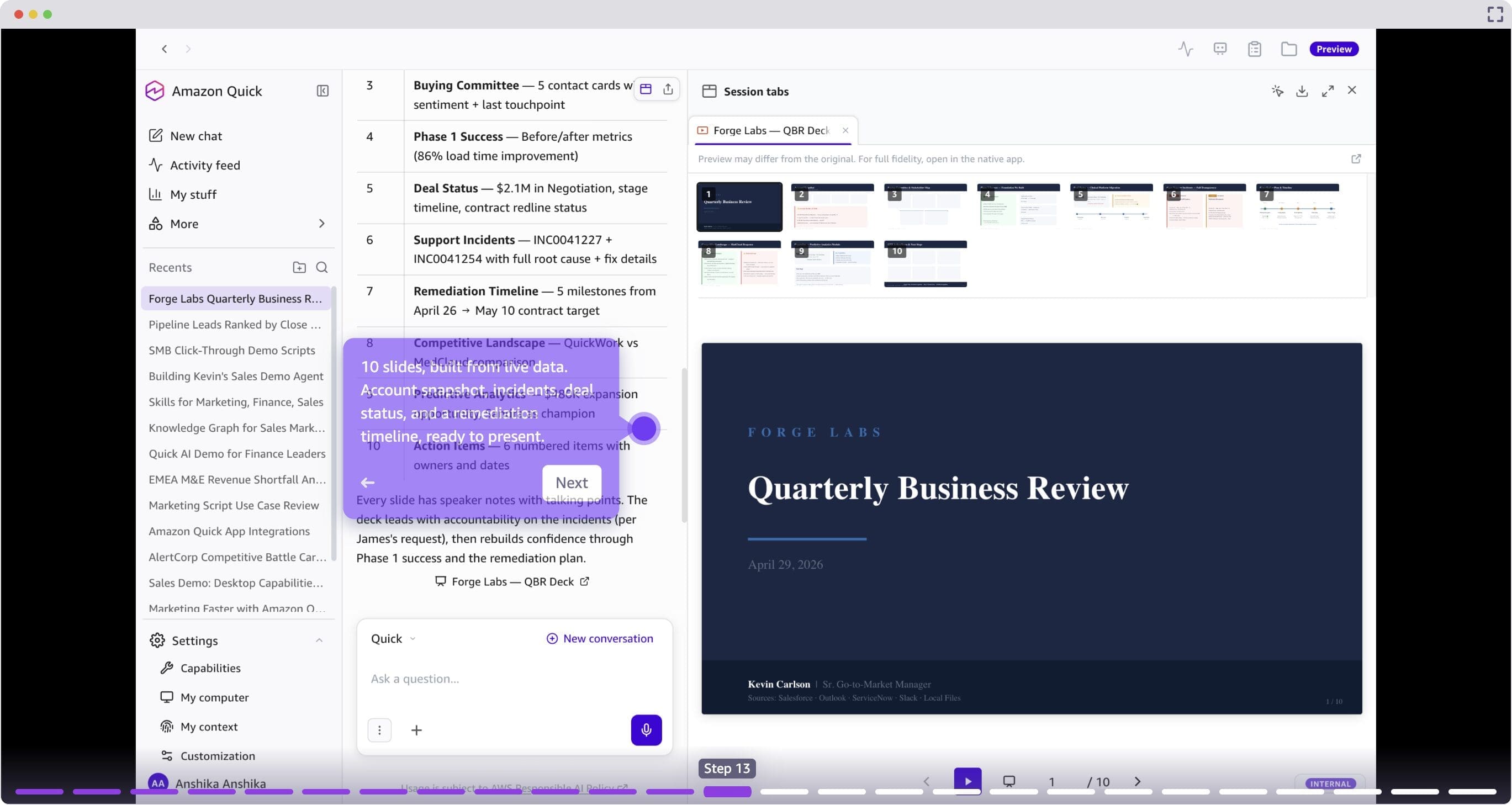 A completed QBR deck built from live data sources in Amazon Quick.