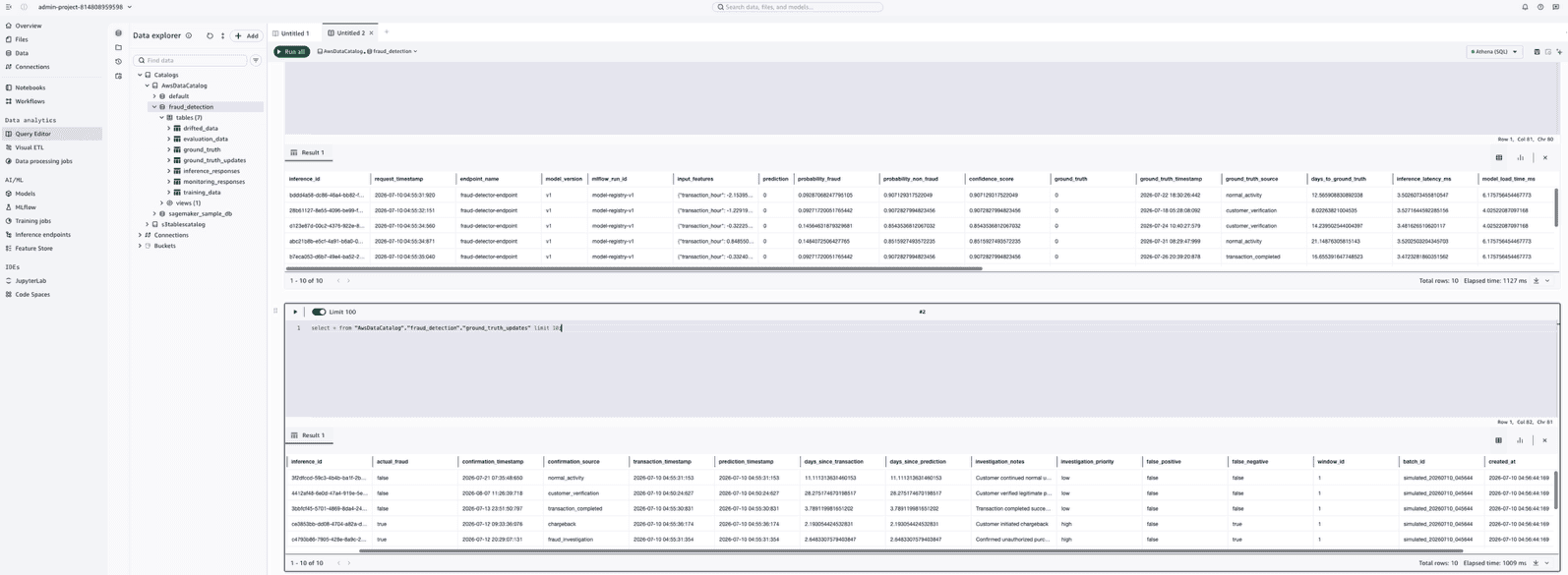 Query results showing inference_responses records with ground truth values alongside the ground_truth_updates table