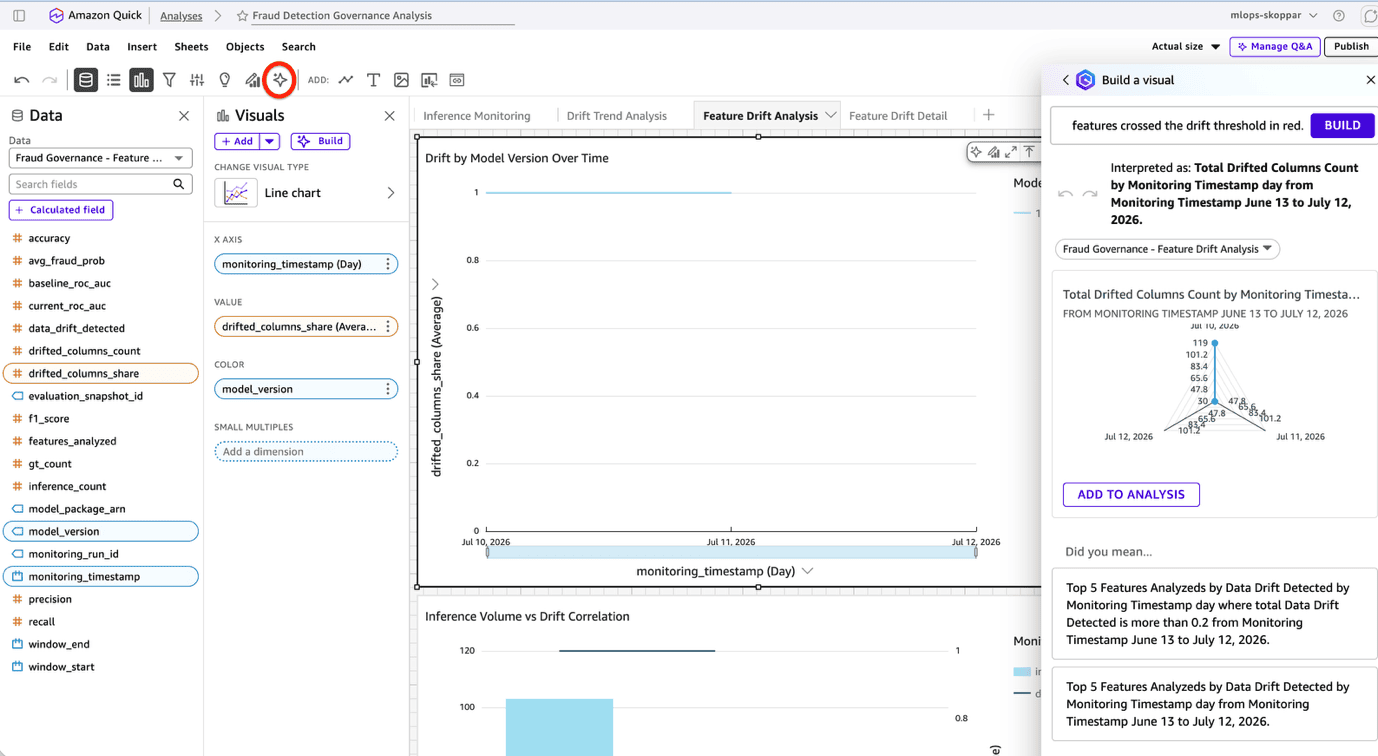 Amazon Quick Build a visual panel interpreting a natural language prompt into a drifted-columns visual on the Feature Drift Analysis sheet