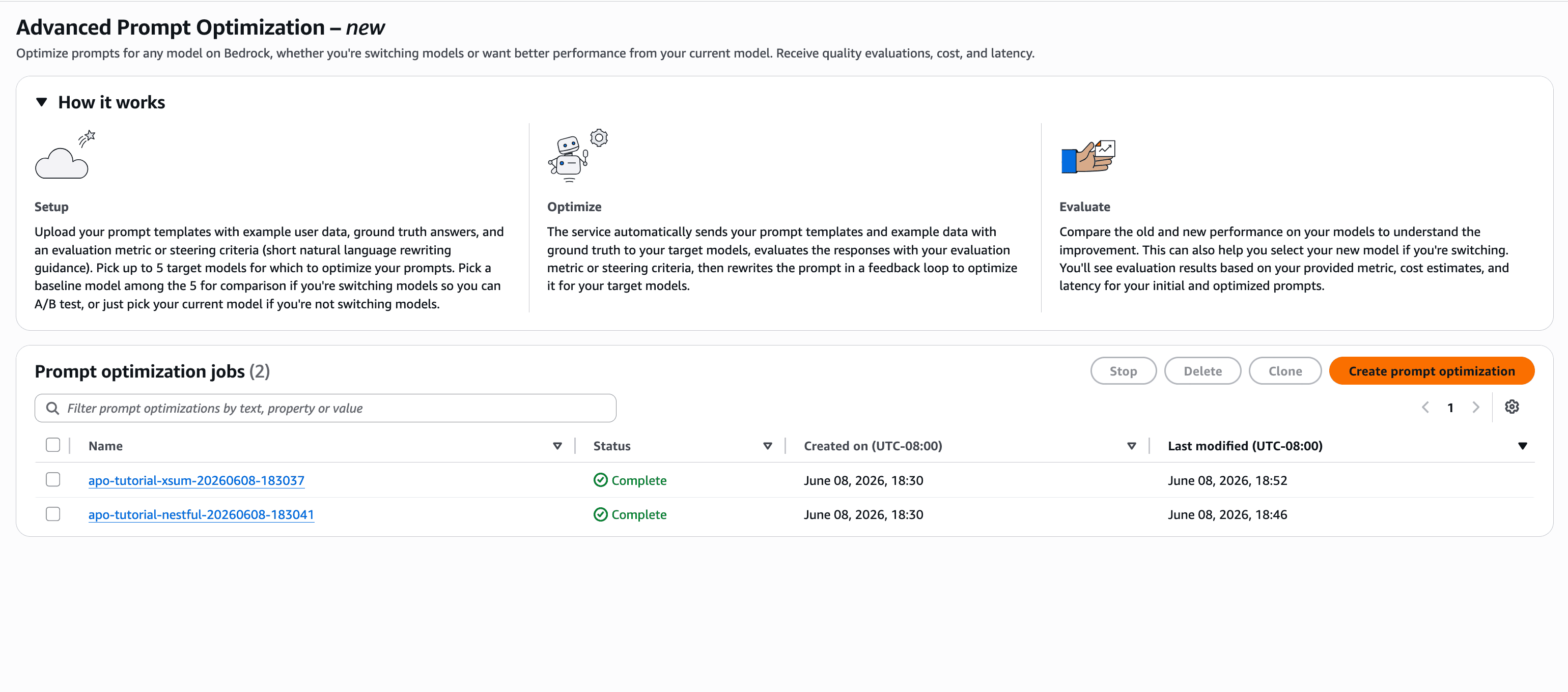 Advanced Prompt Optimization landing page in the Amazon Bedrock console, showing the list of optimization jobs and their status.