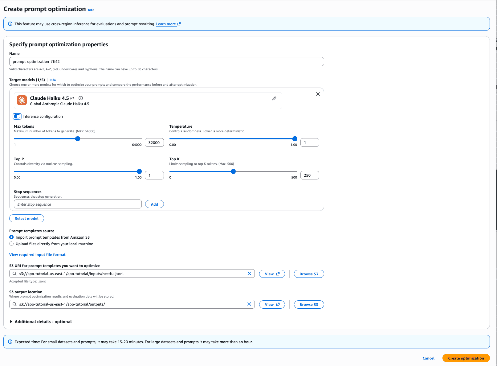 Create prompt optimization page, where you select inference models, upload the input dataset, and set the Amazon S3 output location.
