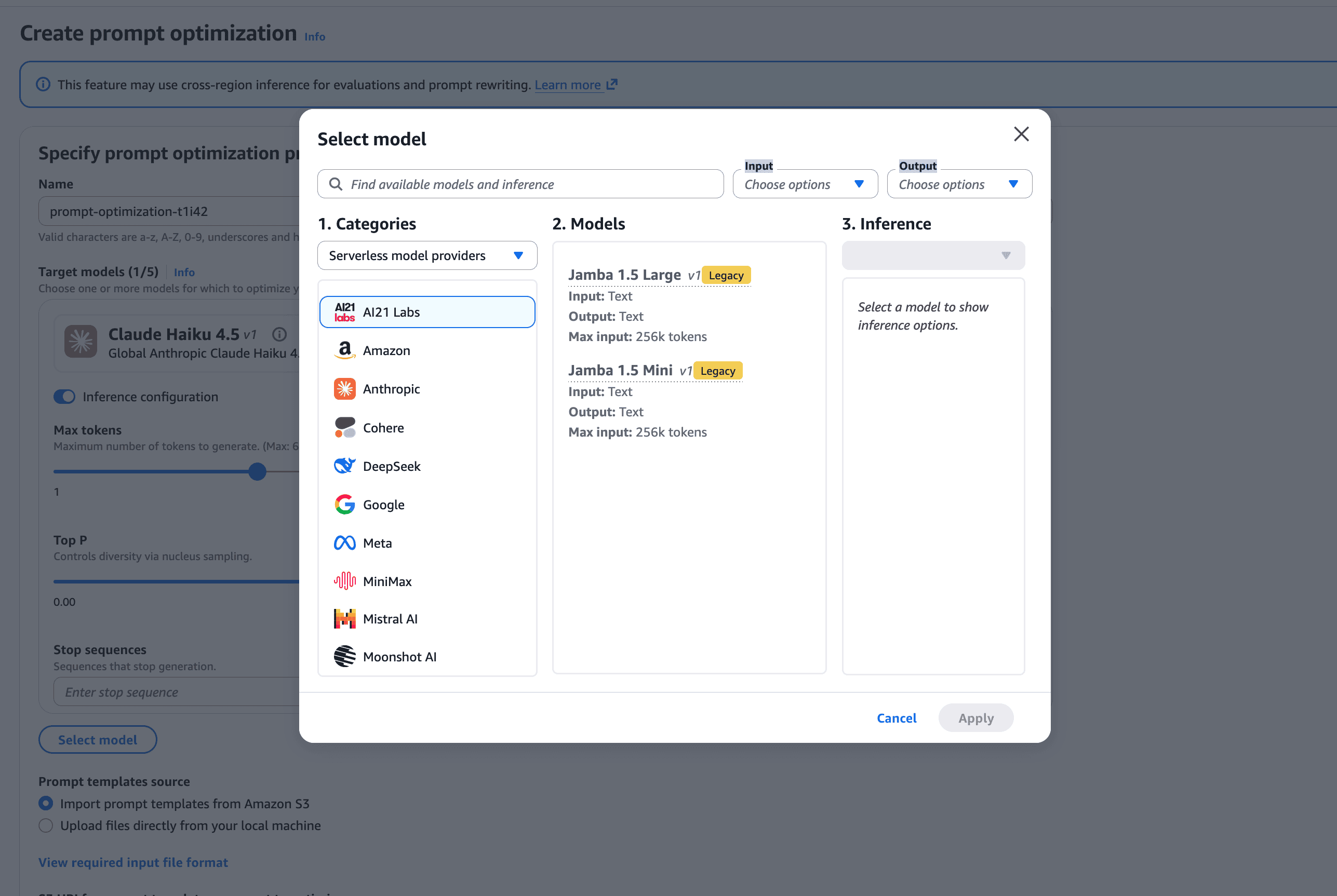 Model selection in the Create prompt optimization page: choose up to 5 target inference models, your current model as a baseline plus the candidates you want to evaluate.
