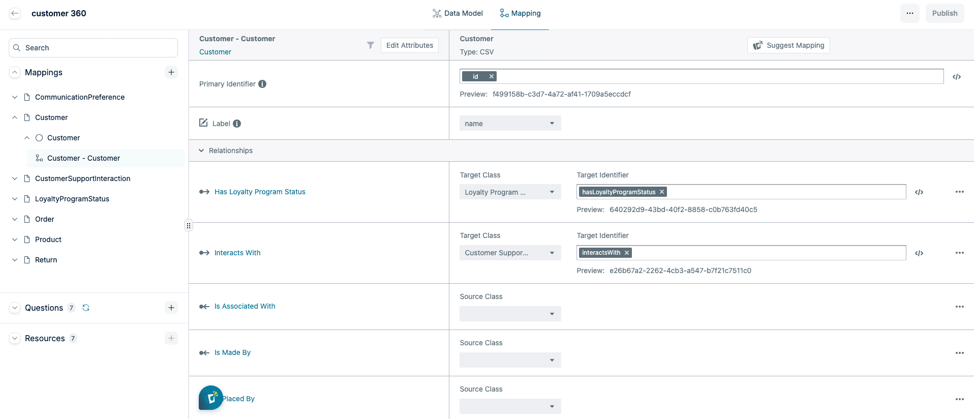 Stardog Designer mapping editor binding the Customer source to the Customer concept, with the id column set as the primary identifier