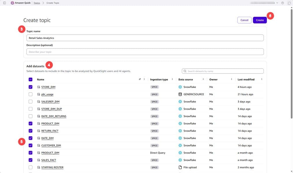 Create topic dialog with the five retail datasets added to the topic