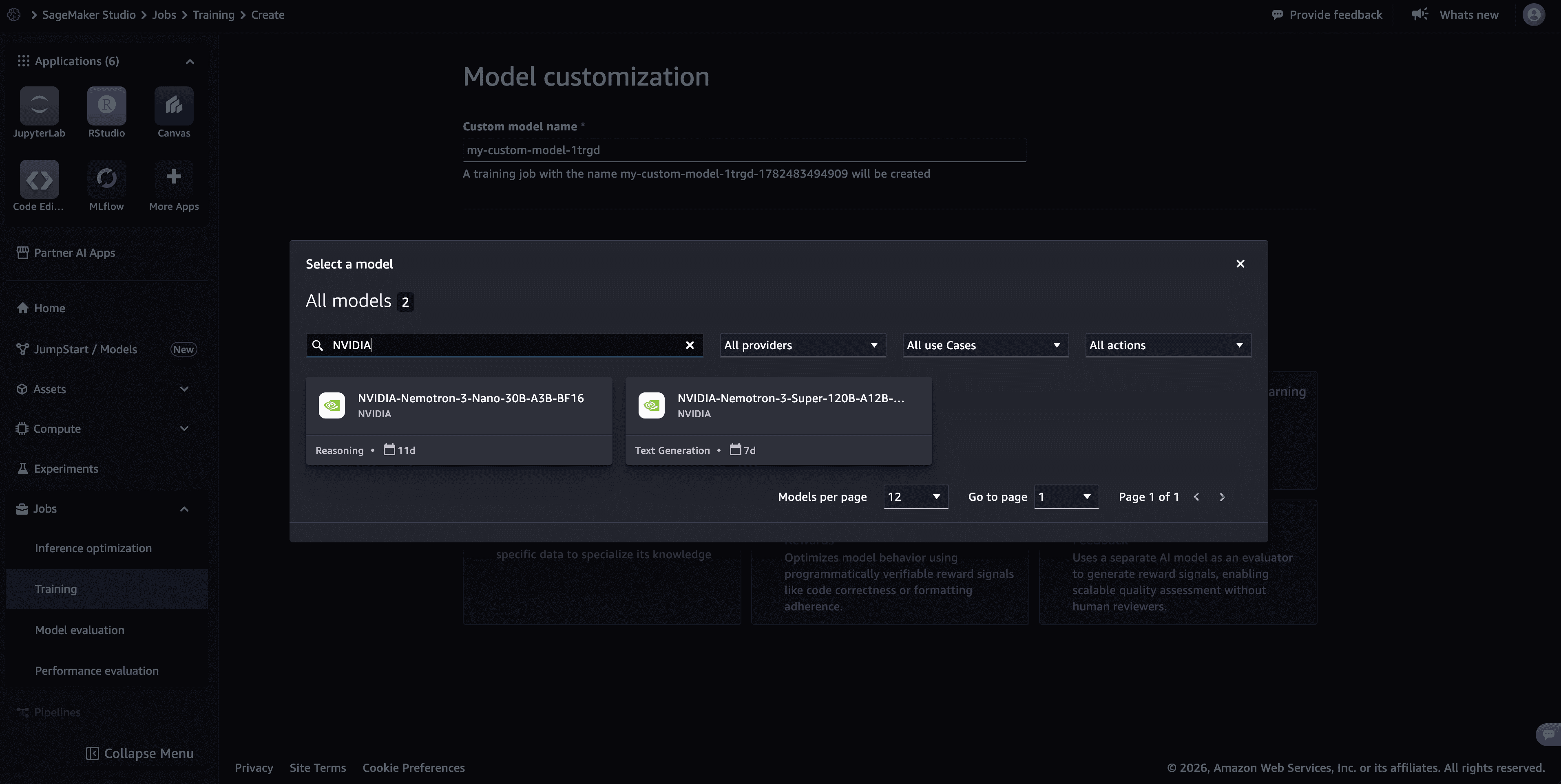 Model search results showing the NVIDIA Nemotron 3 family of models to select from