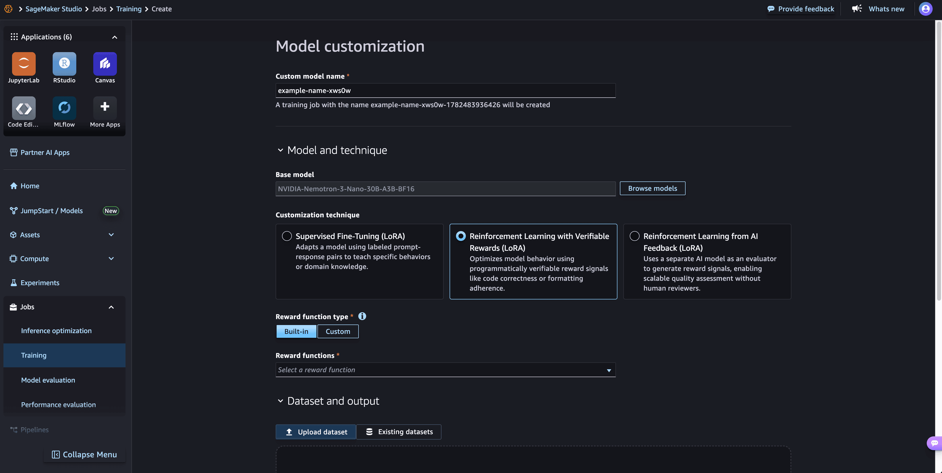 Customization technique selection showing SFT, RLVR, and RLAIF options