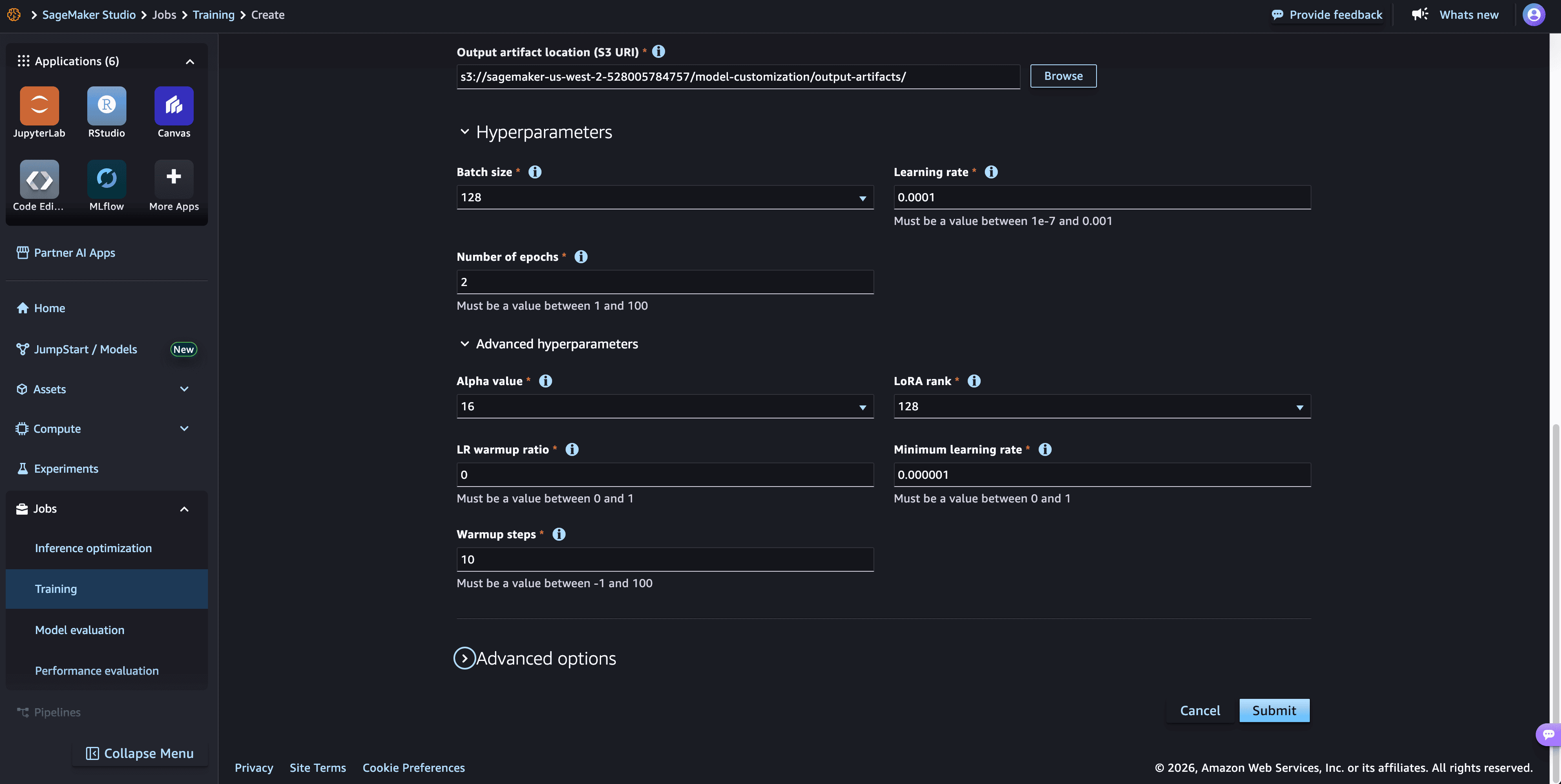 Hyperparameter configuration page with recommended defaults for the customization job