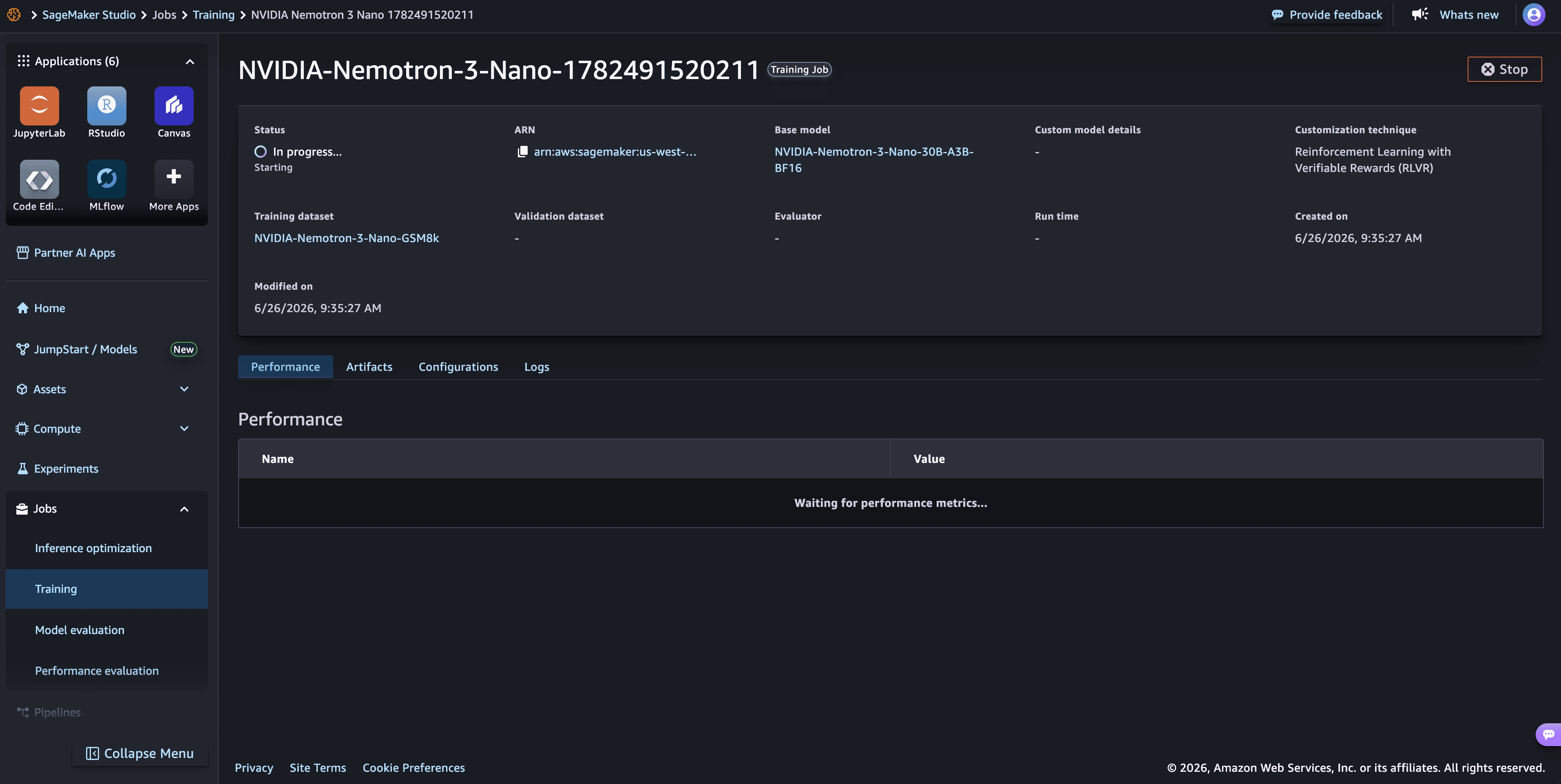 Review page with the Submit button to launch the model customization job