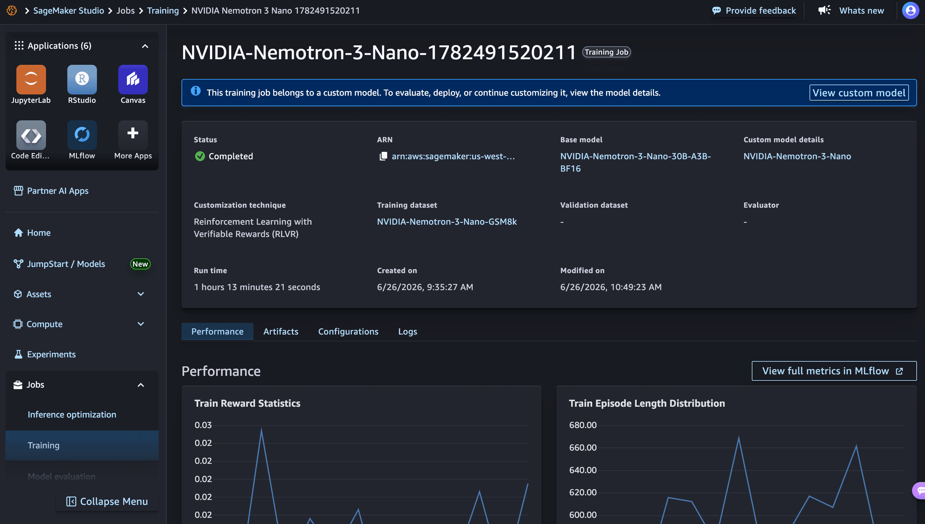 Model home page showing training performance metrics such as train reward and training loss