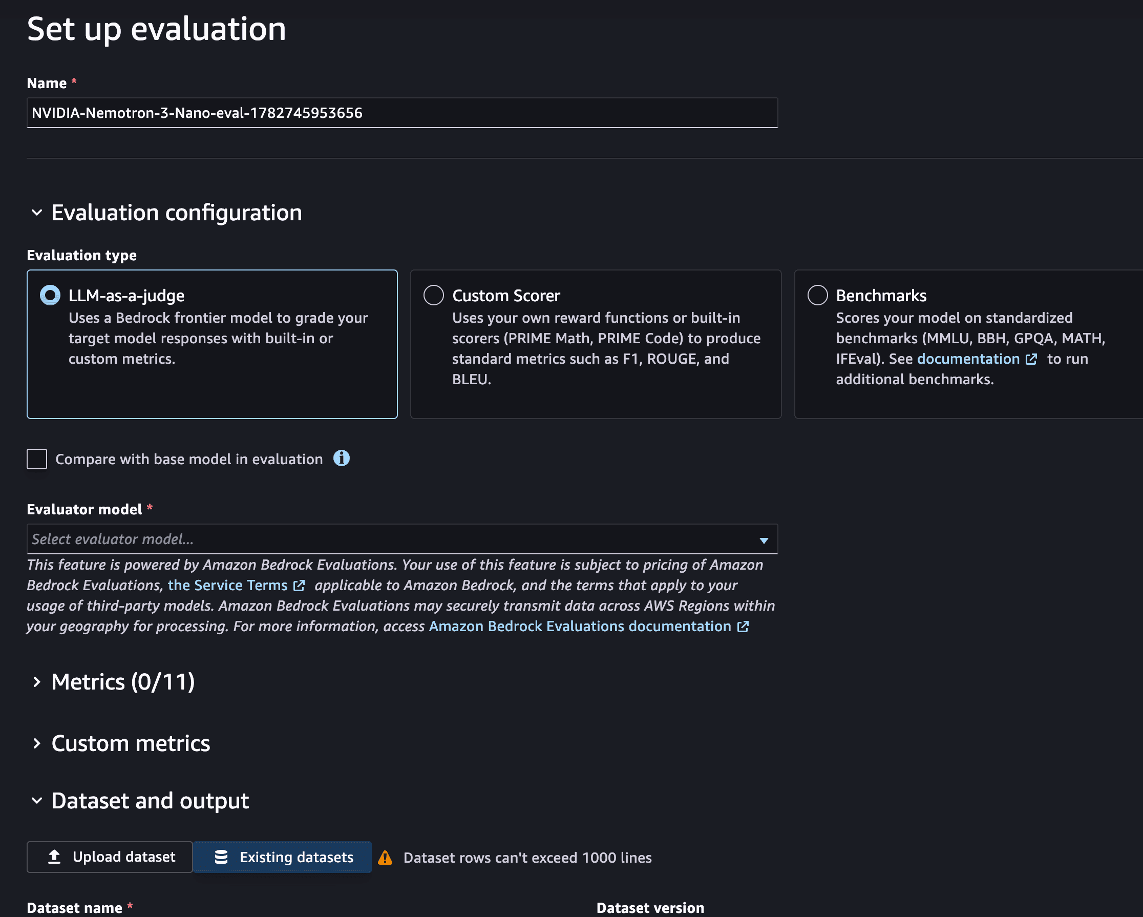 Evaluation options showing LLM-as-a-Judge, Custom Scorer, and Benchmarks methods