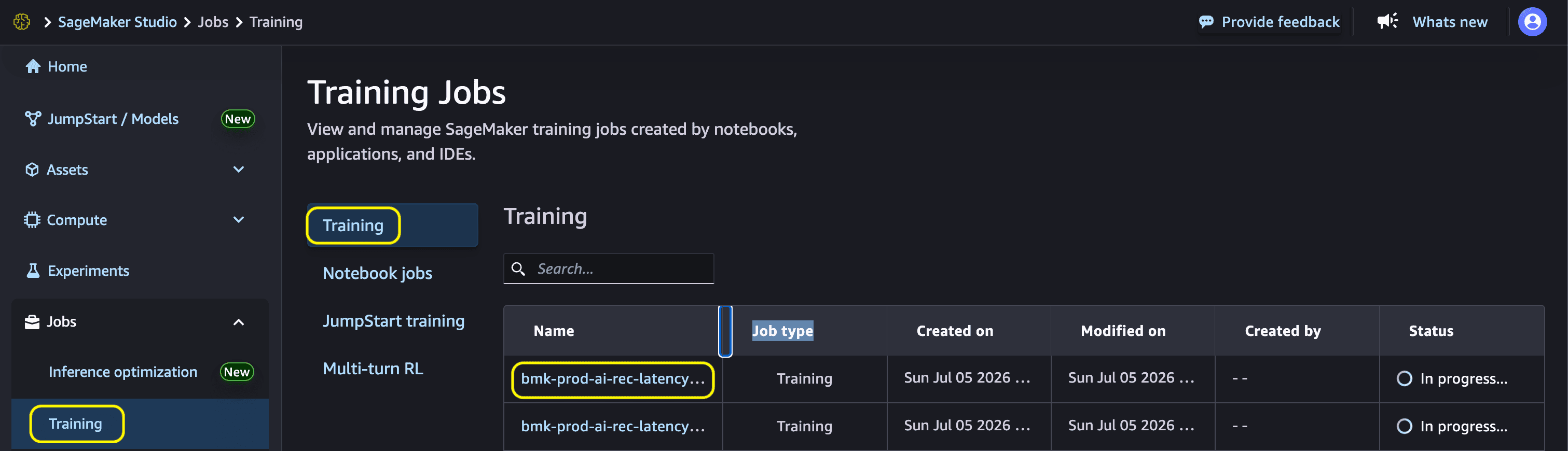 In Progress training jobs for each benchmark test configuration