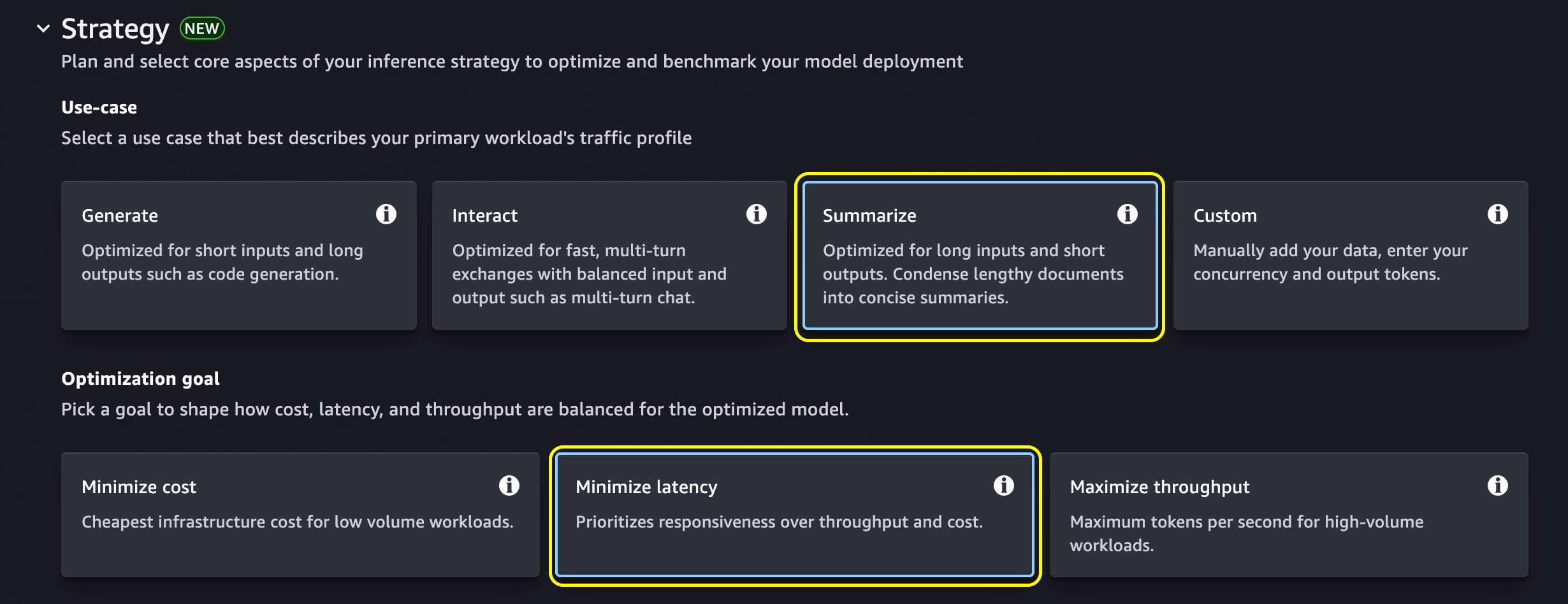 Strategy configuration with use-case presets Generate, Interact, Summarize, and Custom, and optimization goals