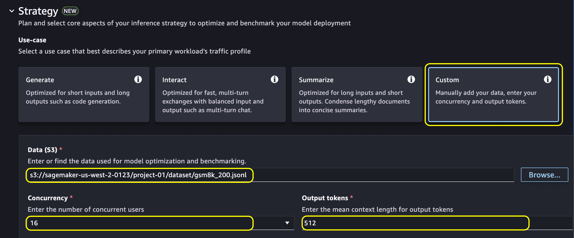 Custom workflow fields for dataset path, concurrency, and output tokens