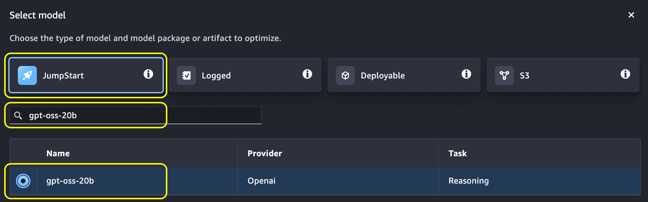 Model selection modal showing the JumpStart tab, with JumpStart, S3, Logged, and Deployable tabs