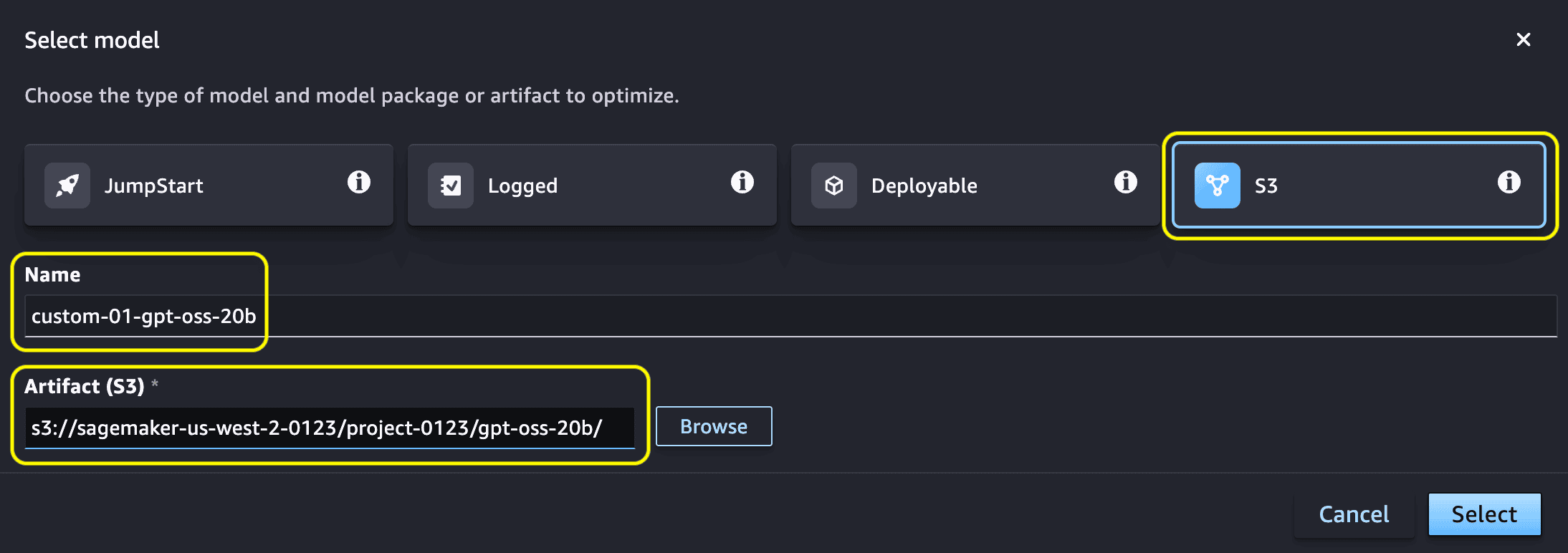Model selection modal showing the S3 tab with model name and artifact URI fields
