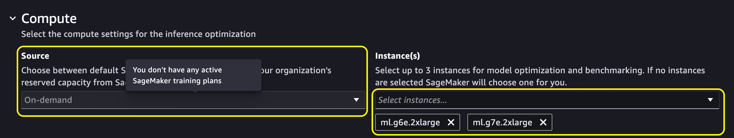 Compute section with three instance types selected for the recommendations job to evaluate