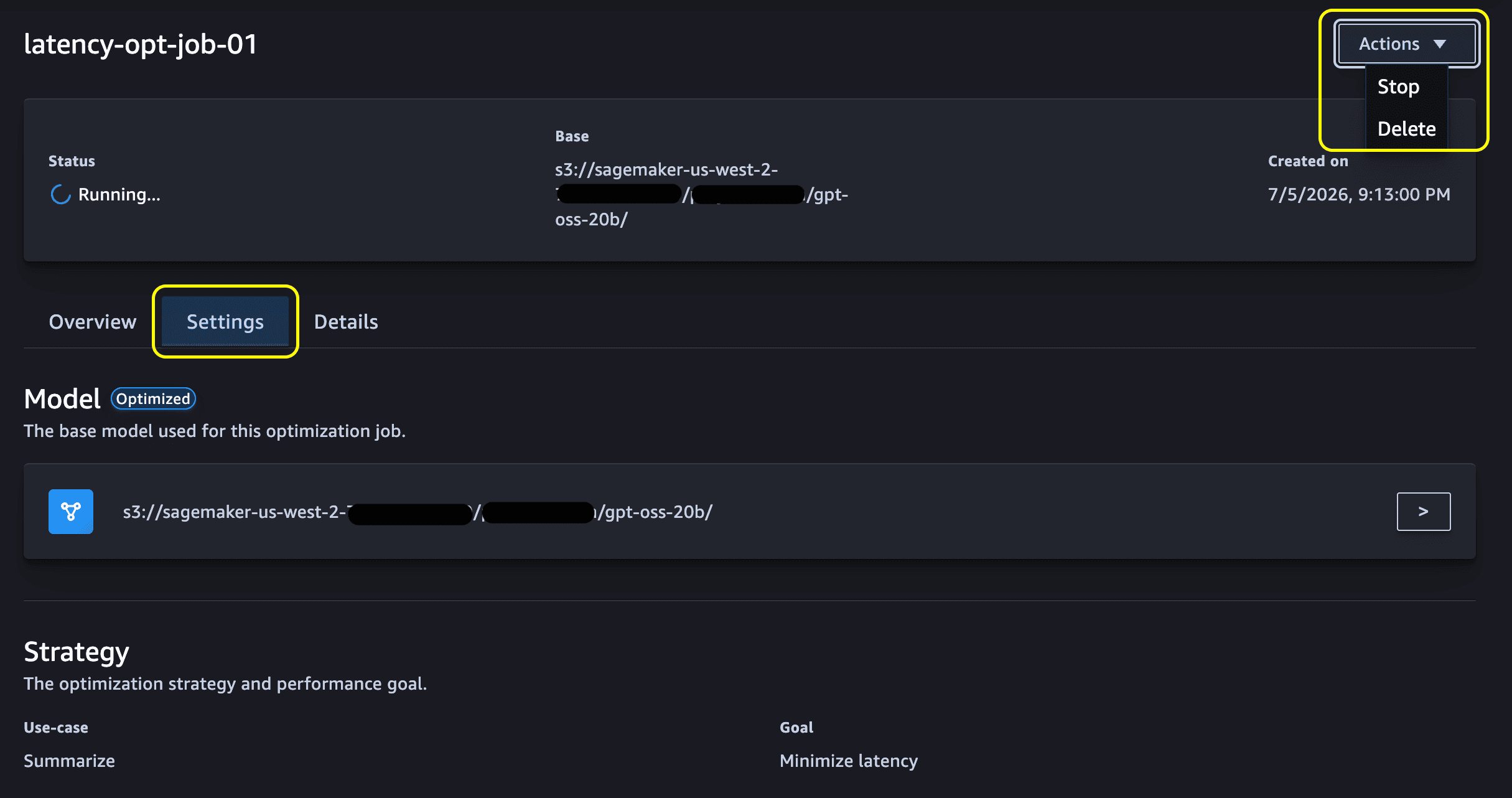 Running optimization job showing the Actions button, Settings tab, and status