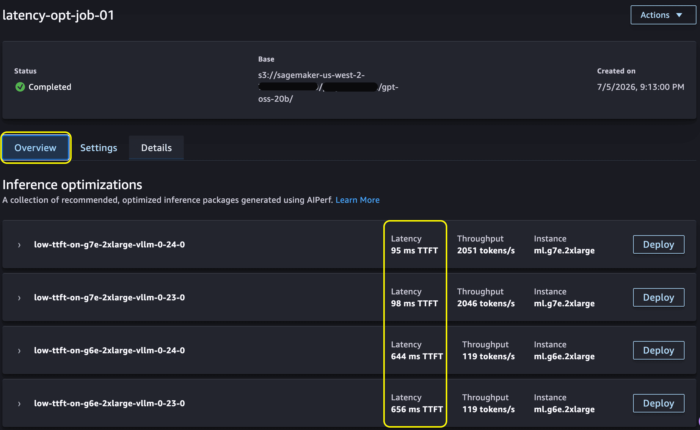 Completed job showing ranked optimized inference packages with Deploy buttons