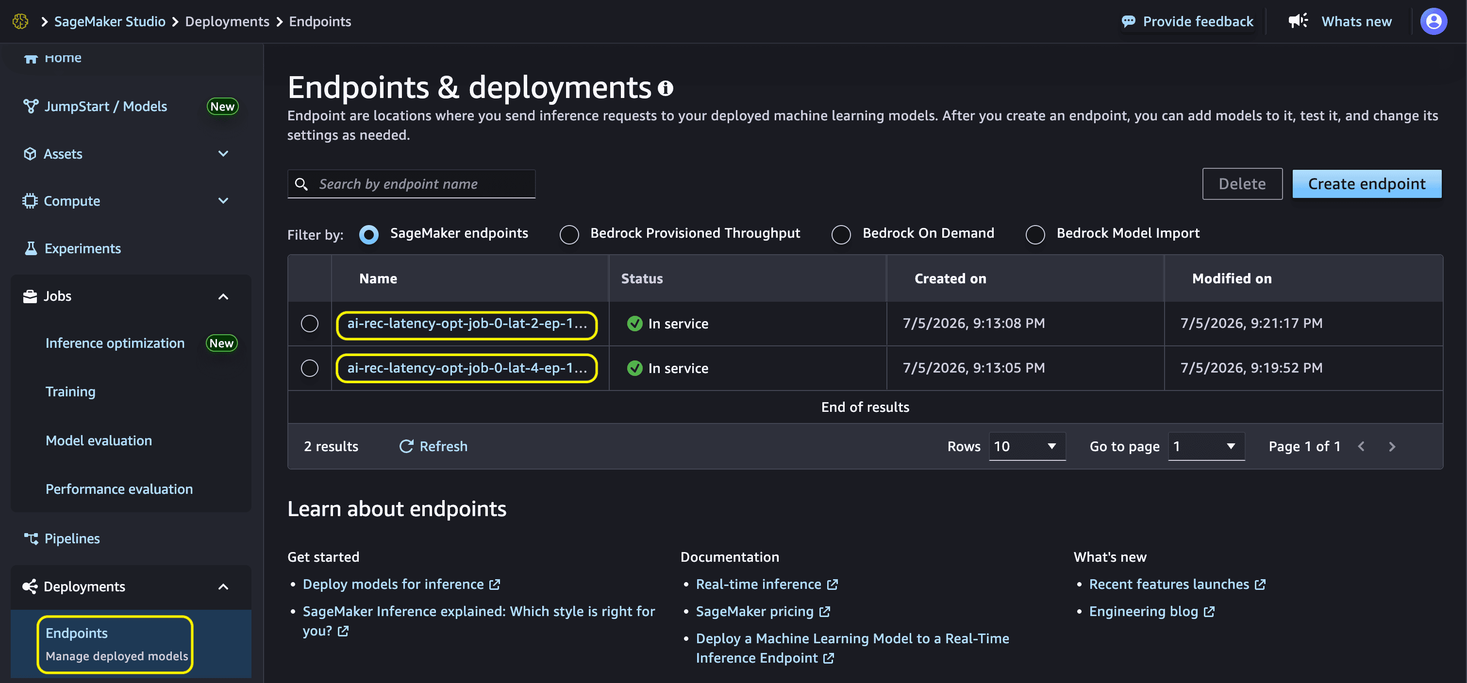 In Service endpoints created by the optimization job for each selected instance type