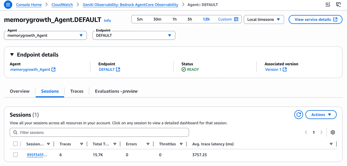 Session details showing 6 traces and 15.7K tokens, with token usage rising each invocation