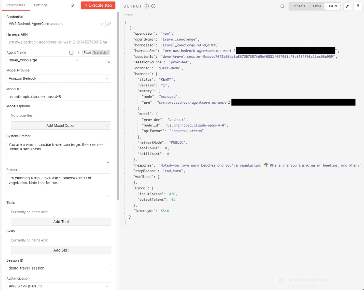 Turn 1 node output with the agent response and a harness summary confirming managed memory and a provisioned memory ARN