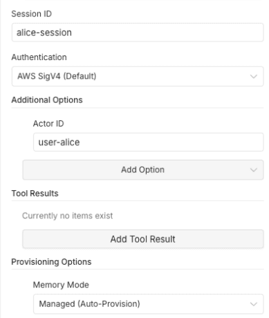 Node configuration panel with Actor ID and Session ID set for a specific user