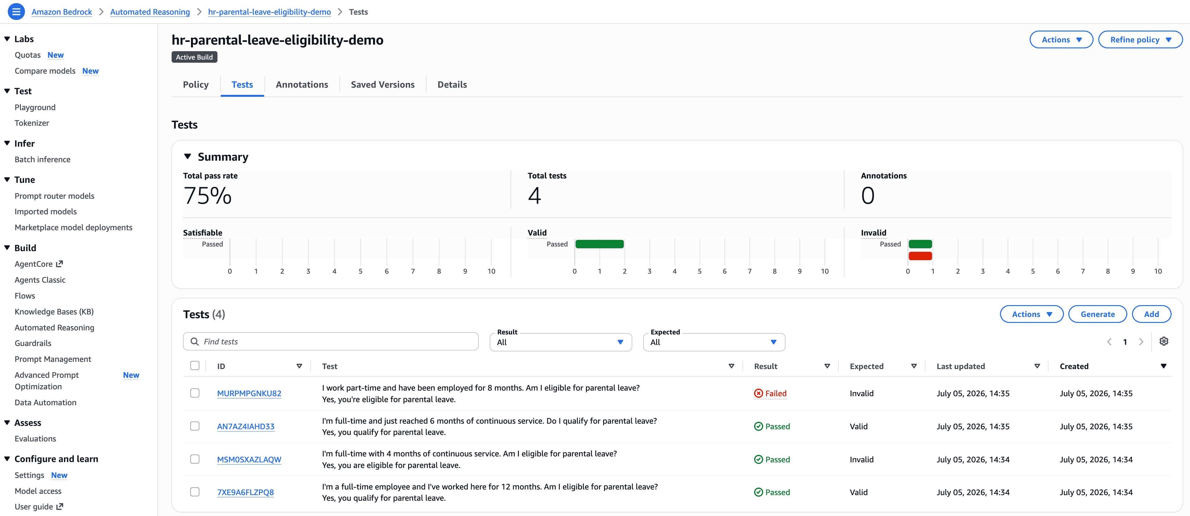 Test results after validation (75% pass rate).