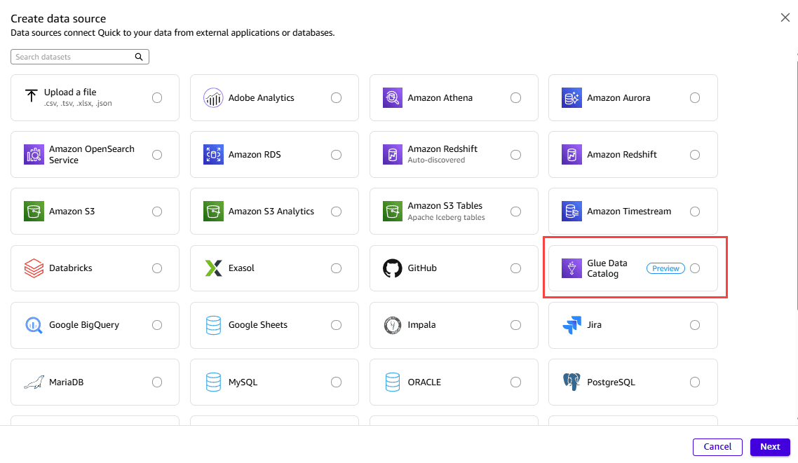 Amazon Quick new data source page with Glue Data Catalog selected from the connection types