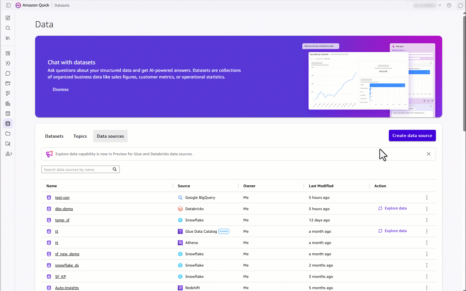 Animation of creating Databricks Unity Catalog Datasets and a Topic through the Quick Agent