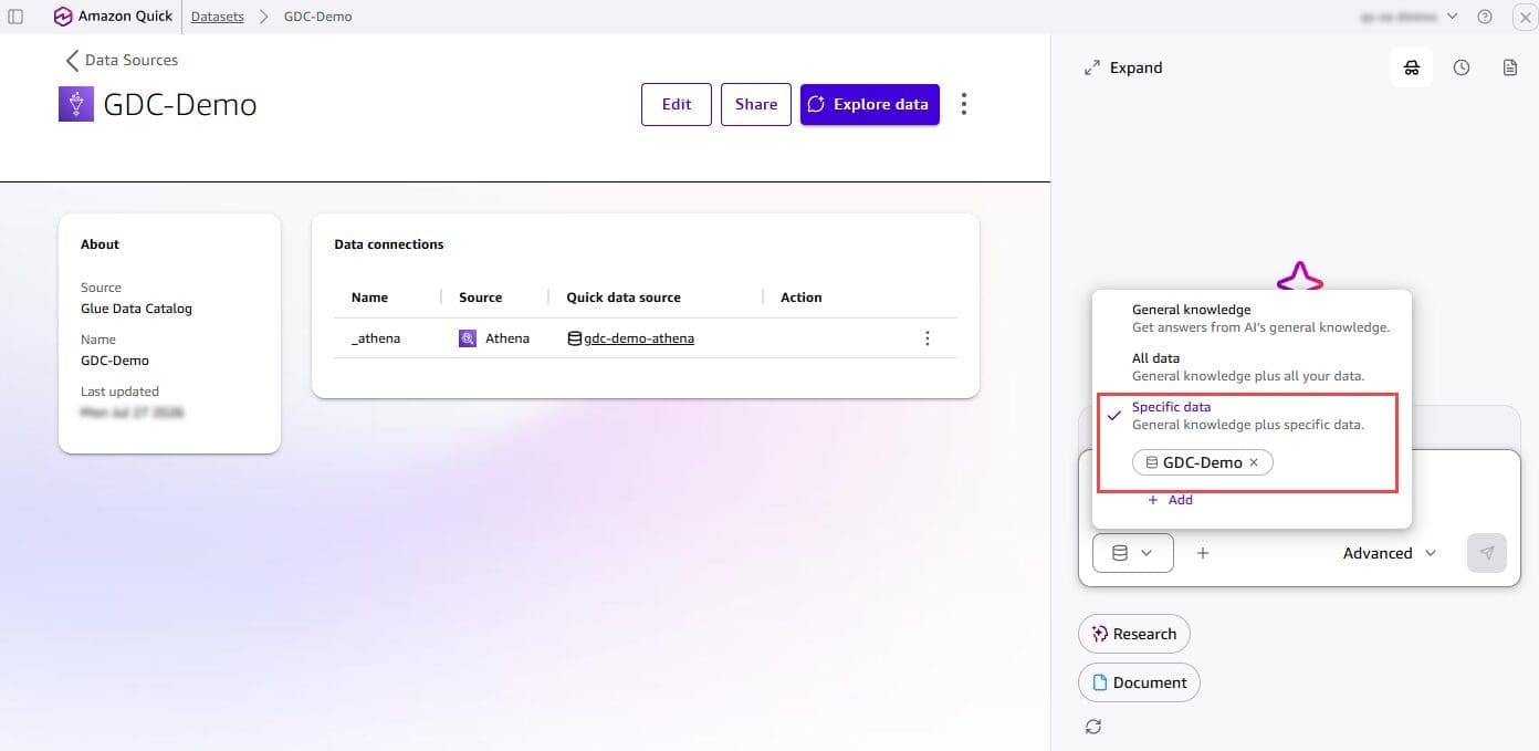 Quick Agent panel scoped to the GDC-Demo Glue Data Catalog data source in Specific data mode