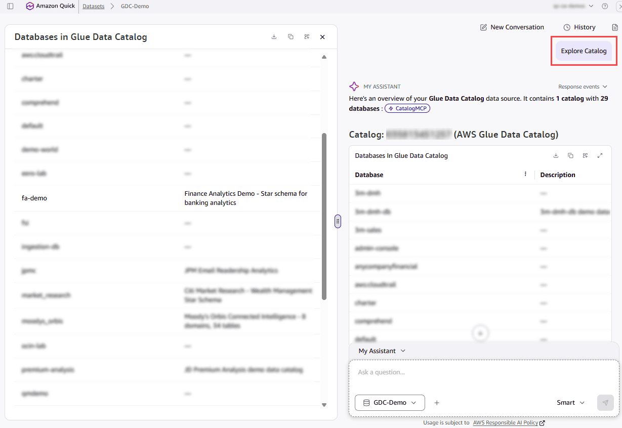 Quick Agent summarizing the catalogs and databases available in the Glue Data Catalog