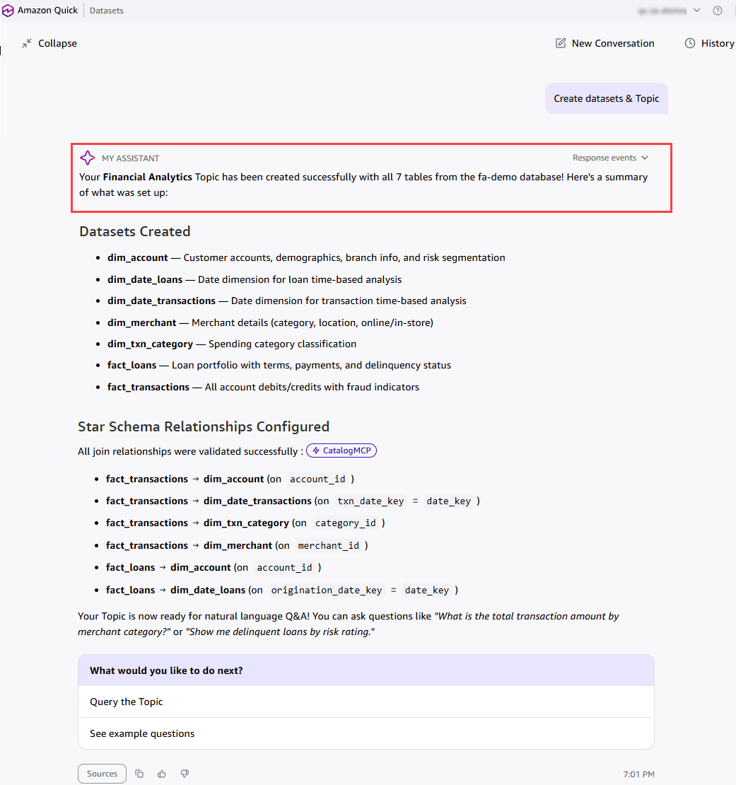 Quick Agent showing the Financial Analytics Topic with seven Datasets and six preconfigured joins