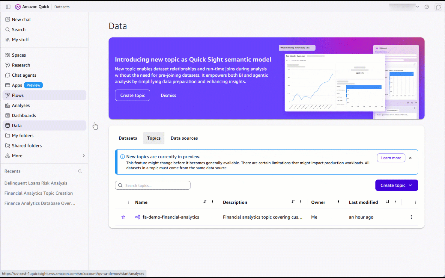 Animation of a user asking questions and the Quick Agent returning ranked answers from the Financial Analytics Topic